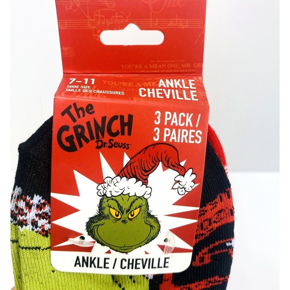 Dr. Seuss The Grinch Christmas Socks Unisex Festive Ankle Socks 3 Pack NEW - Picture 7 of 7